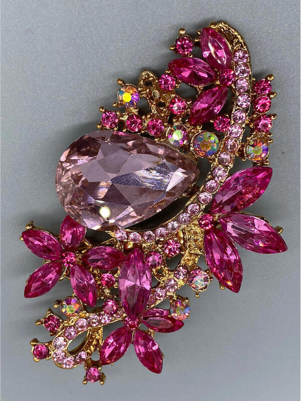 Gold Tone Pink Fuchsia Big Rhinestone Large Flower Floral Pin Brooch